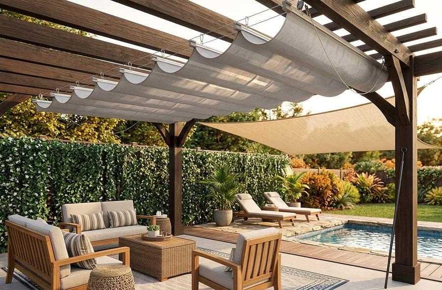Retractable wave canopy gathered along a mounted rail above a pergola