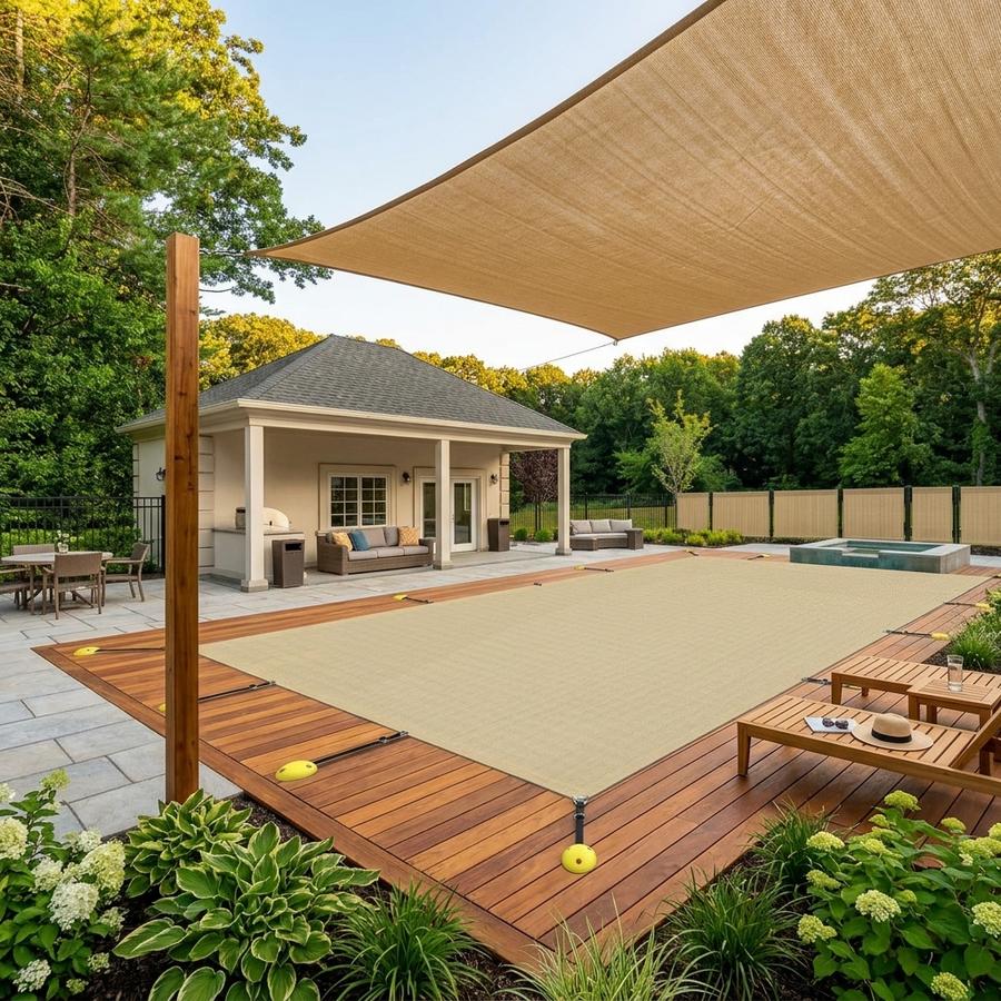 Stainless A-ring and cable edge cinched to a pool deck anchor